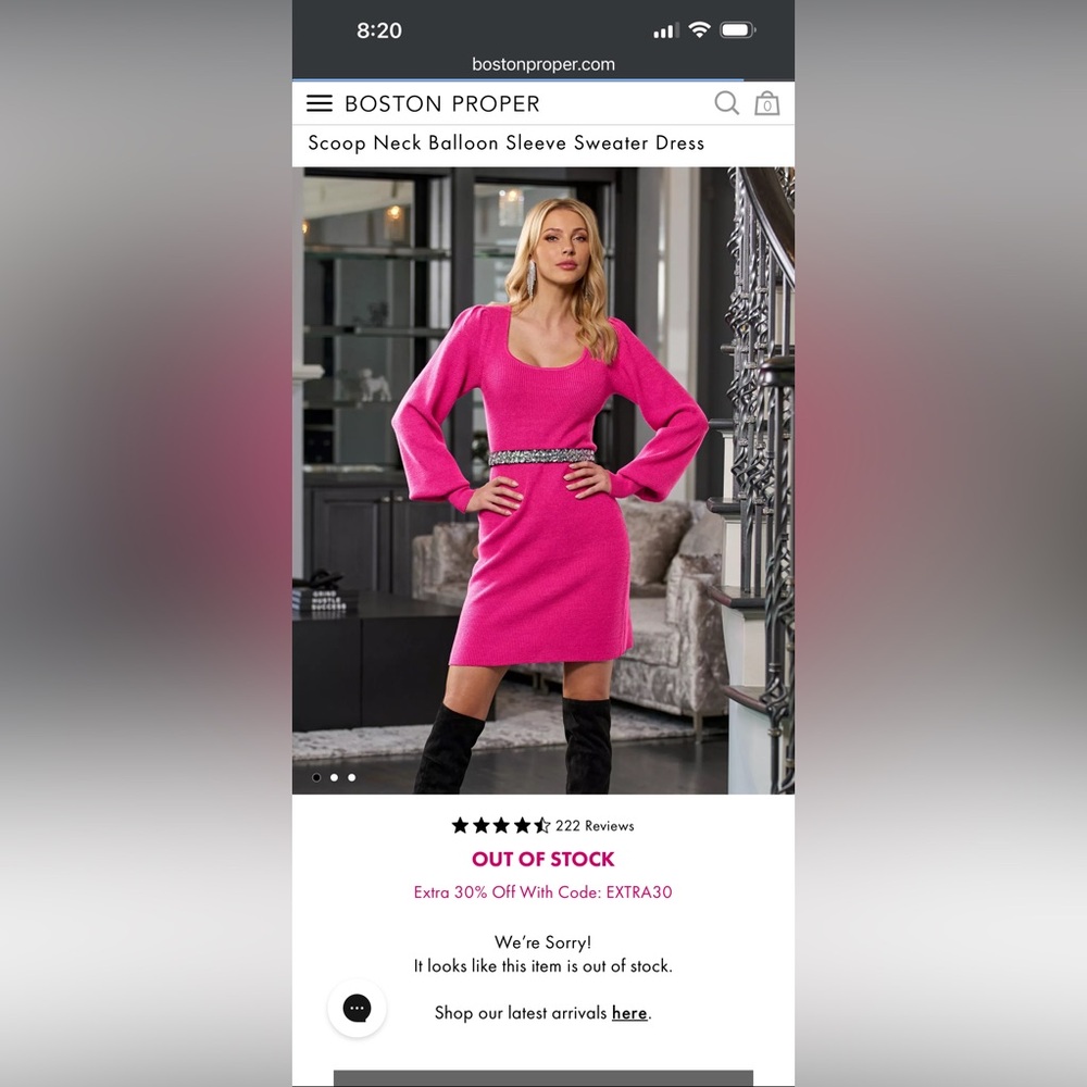 NWT Boston Proper Vibrant Pink Long Sleeve Knit Dress with Puff Sleeve XS